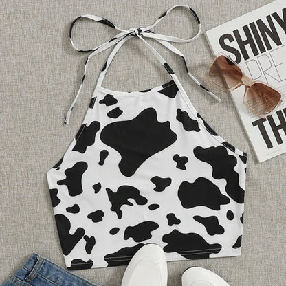 Summer Cow Printed Sexy Tank Tops Women Halter Neck Lace Up Cropped Tops Cute Cosplay Contrast Color Backless Trendy Cami Vest