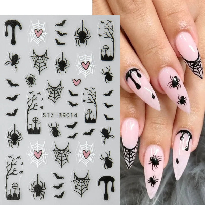 Spooky Halloween Stickers For Nails Cartoon Ghost Spider Web Heart Designs Spider Bat Adhesive Decals Holiday Manicure Supplies