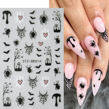 Spooky Halloween Stickers For Nails Cartoon Ghost Spider Web Heart Designs Spider Bat Adhesive Decals Holiday Manicure Supplies