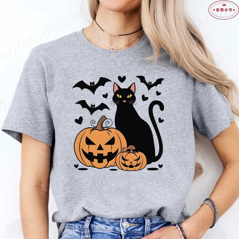 Black Cat Halloween Print Women's Summer T-shirt Casual Clothing Oversized Y2k Personality Short Sleeve Tops Spooky Season Tees