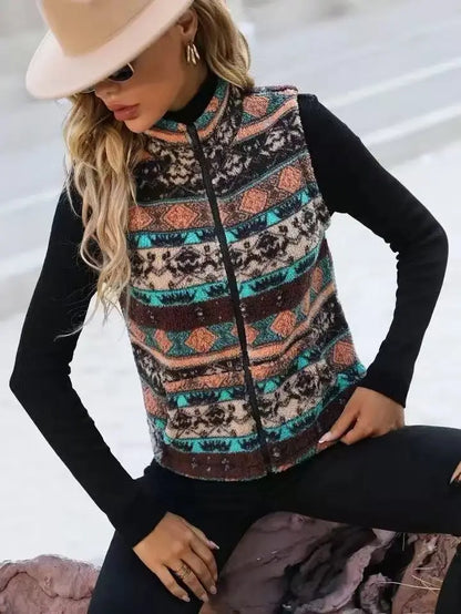 VigoCasey 2025 Casual Print Zipper Thick Vest Coat Woman Sleeveless Warm Plush Waistcoat Lady Autumn Winter Short Vest Jacket