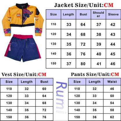 Zoey Rumi kids costume yellow jacket blue shorts and vest laid out with CM size charts by EtherealBe
