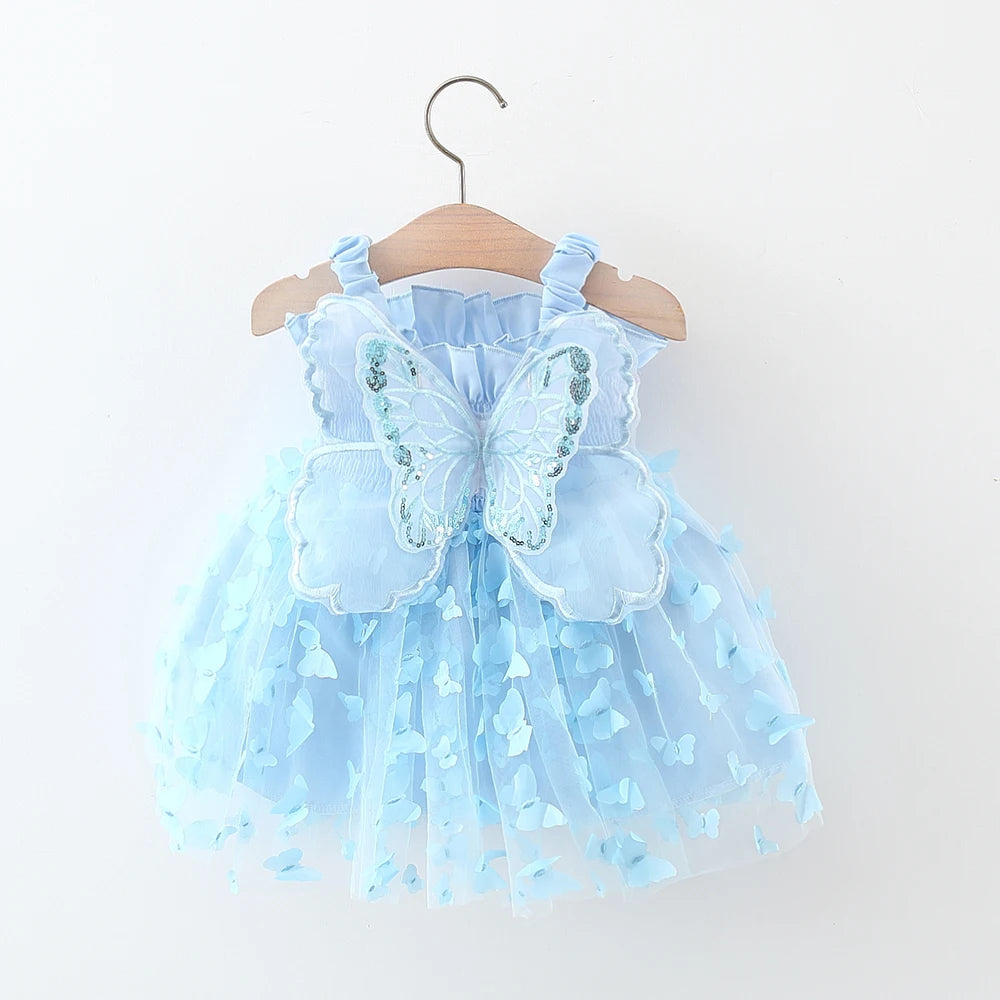 Baby Girl Party Dress Princess Birthday Dress Back Bow Wing Embroidery Mesh Solid Color Strap Mesh Dress 0-3 Years Old