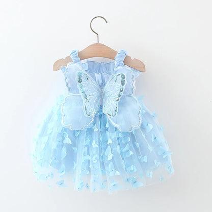Baby Girl Party Dress Princess Birthday Dress Back Bow Wing Embroidery Mesh Solid Color Strap Mesh Dress 0-3 Years Old