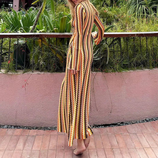 Autumn Colorful Striped Printed Dress Beach Wrap Hip Long Sleeve Party Dress Sexy Lady V Neck High Waist Slim Holiday Dress