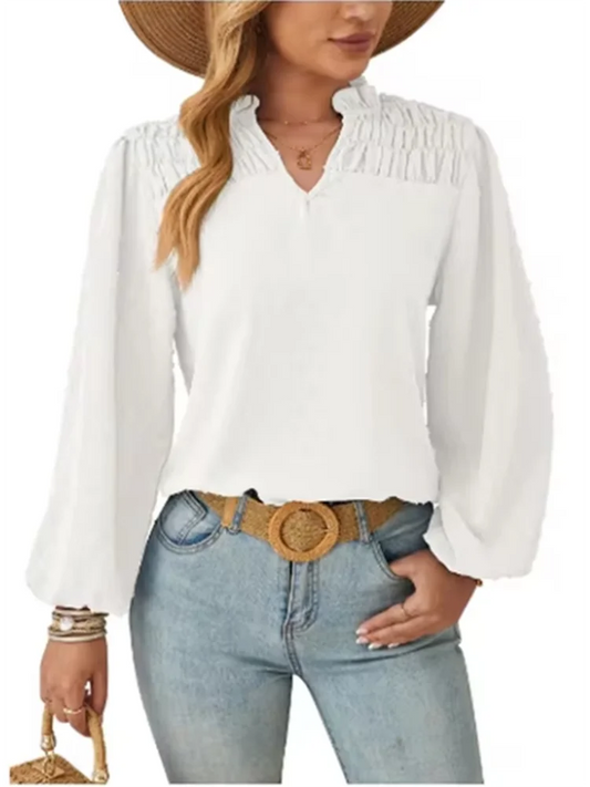 Women's Pleated Jacquard Blouse Lady Solid Color V-Neck Long Sleeve T-Shirt Elegant Autumn Work Top