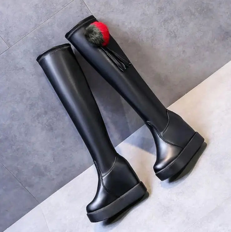 Knee Thigh High New In Women's Boots Genuine Leather Fur Long Shoes for Women Winter 2025 Wedges Chunky Platform Heeled Black