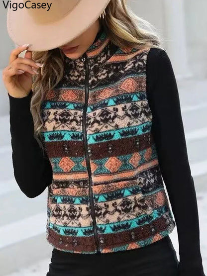 VigoCasey 2025 Casual Print Zipper Thick Vest Coat Woman Sleeveless Warm Plush Waistcoat Lady Autumn Winter Short Vest Jacket