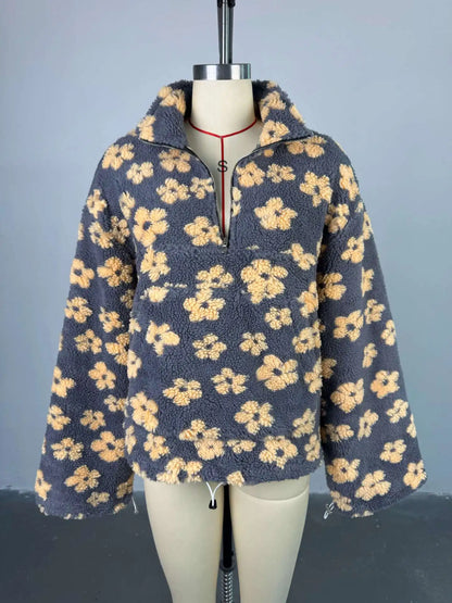 Soft and warm cozy lambskin coat for women featuring a flower pattern and oversized fit