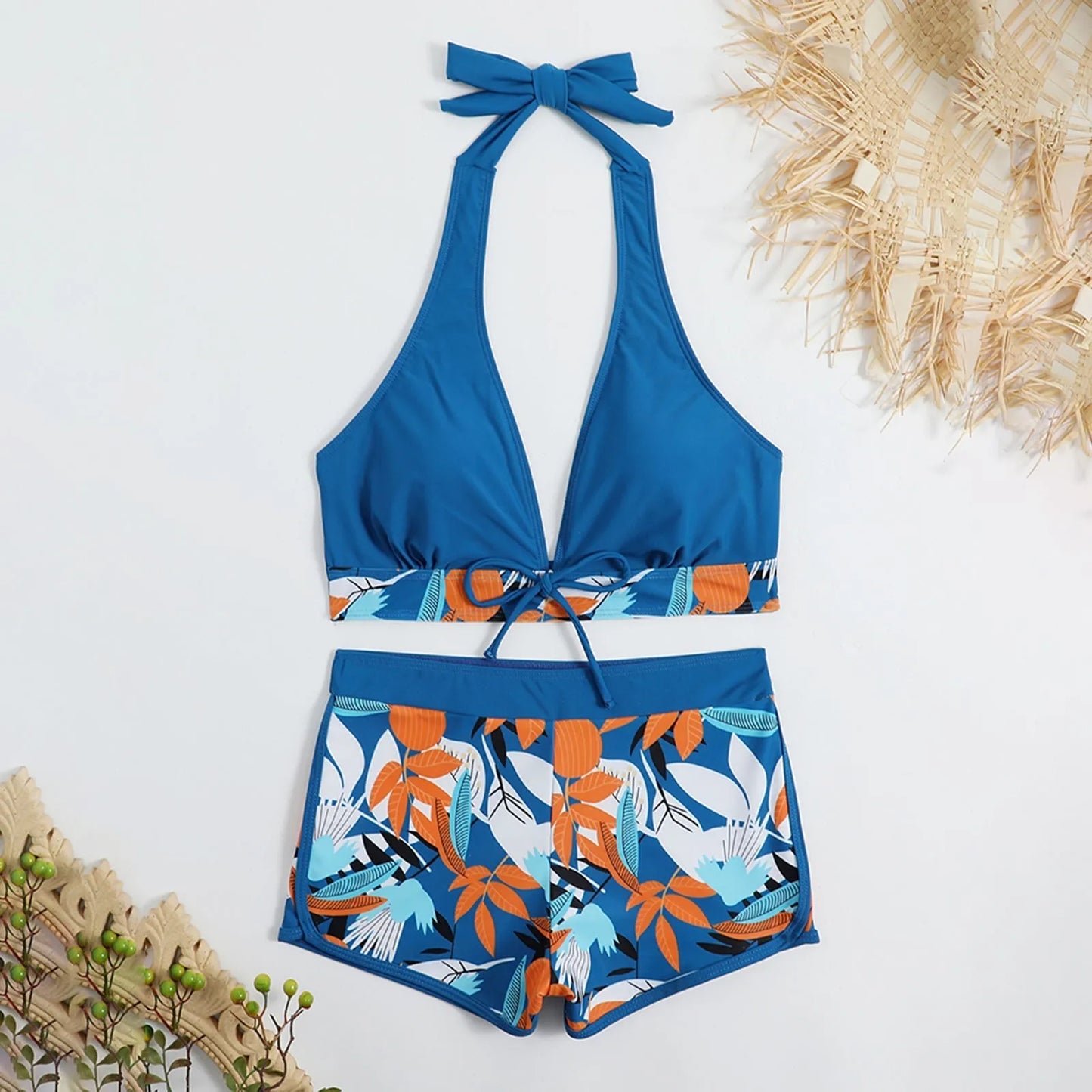 Women's Paneled Printed Swimsuit Ladies Fashion Sexy Split Boxer High Waist Swimsuit Two-Piece Set V-Neck Bathing Suits Female