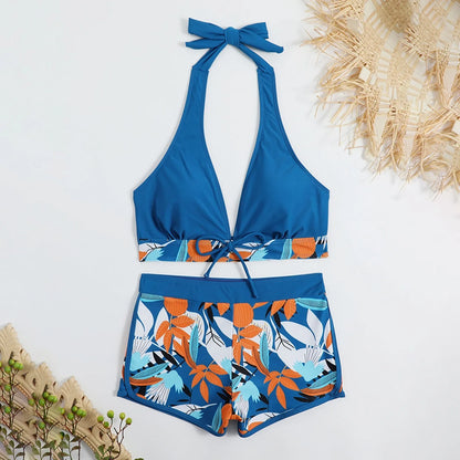 Women's Paneled Printed Swimsuit Ladies Fashion Sexy Split Boxer High Waist Swimsuit Two-Piece Set V-Neck Bathing Suits Female