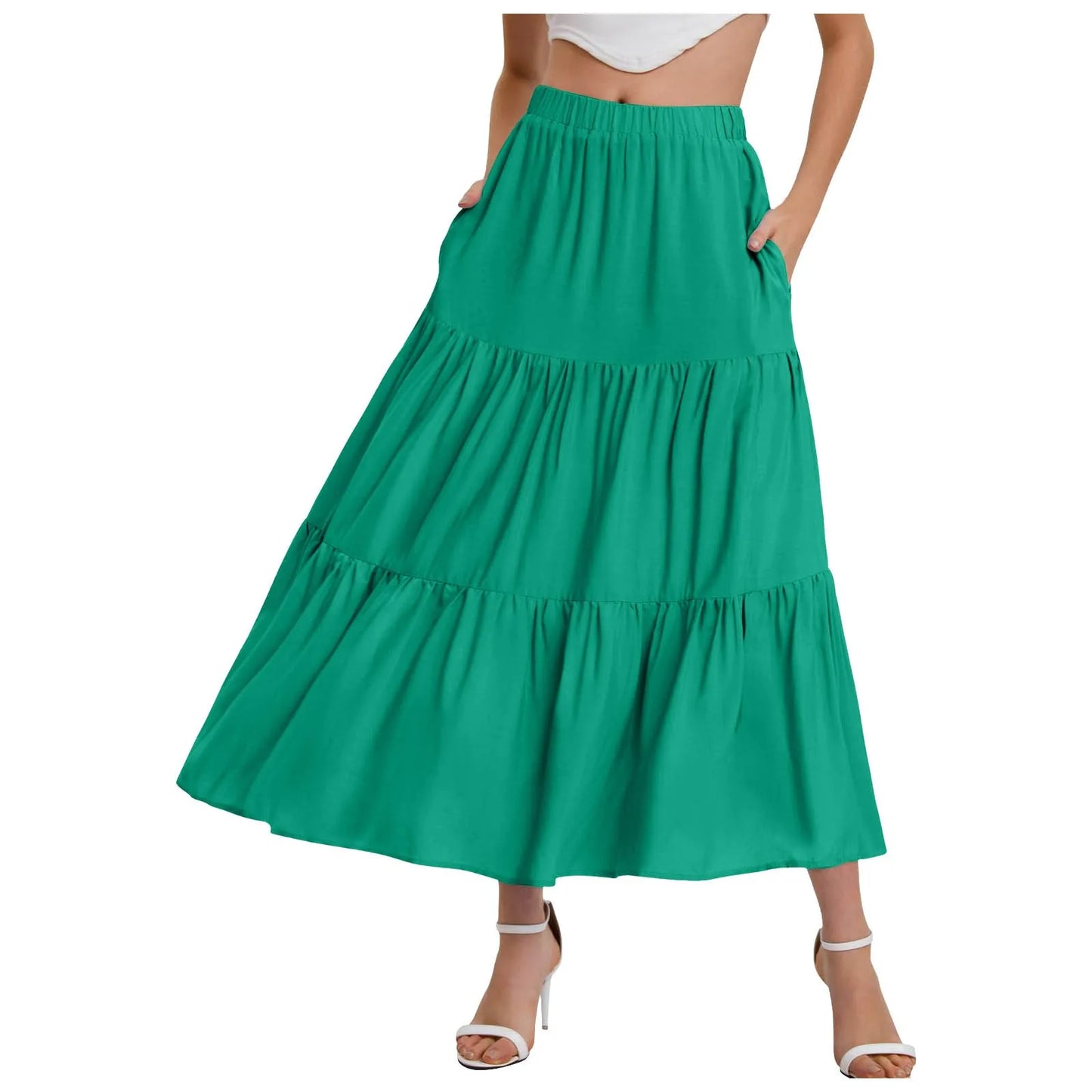 Skirts For Women Summer Bohemian Swing Beach Skirt High Waist A Line Flowy Skirts Pleated Layered Ruffle Hem Flowy A Line Skirt