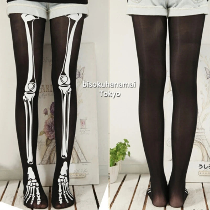EtherealBe women's skeleton tights for Halloween with realistic bone print design in black and white