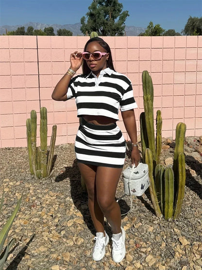 Sporty Fitness Striped Print 2 Pieces Set for Woman Streetwear Casual Turn-down Collar Shirt Crop Top and Mini Skirt Sets Summer