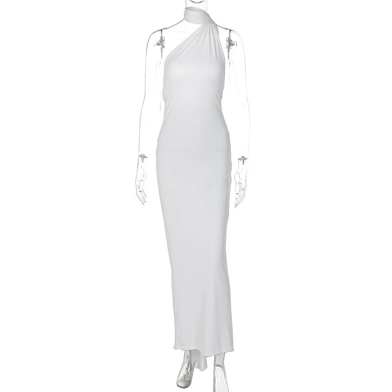Hugcitar One Shoulder Backless Adjustable Scarf Loop Ruched Sexy Maxi Dress 2025 Women Elegant Y2K Streetwear Festival Outfit