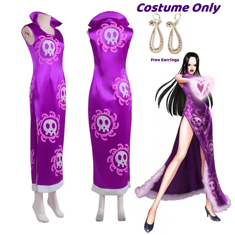 Boa Hancock Cosplay Costume Anime Kimono Purple Dress Cheongsam Cloak Women Halloween  Fancy Dress Cheongsam Uniform Suits