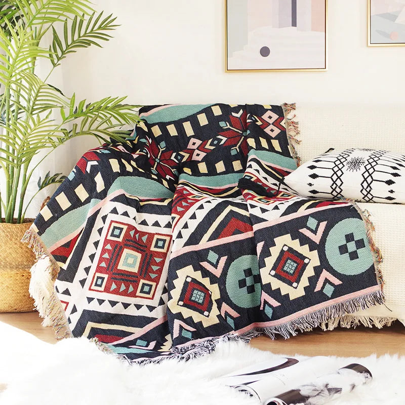 Retro Indian Style Thread Blanket Countryside Geometry Sofa Cobertor Hanging Tapestry Cotton Knitted Sofa Blanket for Bed Travel