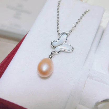 one set freshwater pearl white pink rice 6-8mm pendant necklace /earrings/Ring butterfly shell