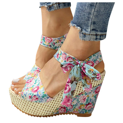 Heel Footwear Ladies Shoes Platform Floral Women's Lace-up Wedges Comfy Wedge Sandals For Women Dressy Sandals For Women