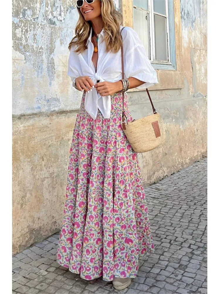 Printed Skirt Women 2023 Summer New Fashions Casual Beach Long Party Loose Ladies Vacation A Line Skirts Elegant Bohemian MsChuh