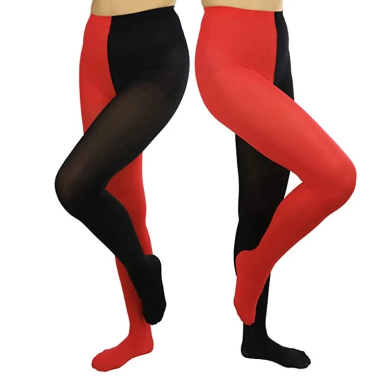 Two-toned Halloween tights for women in red and black, perfect for festive costumes and celebrations