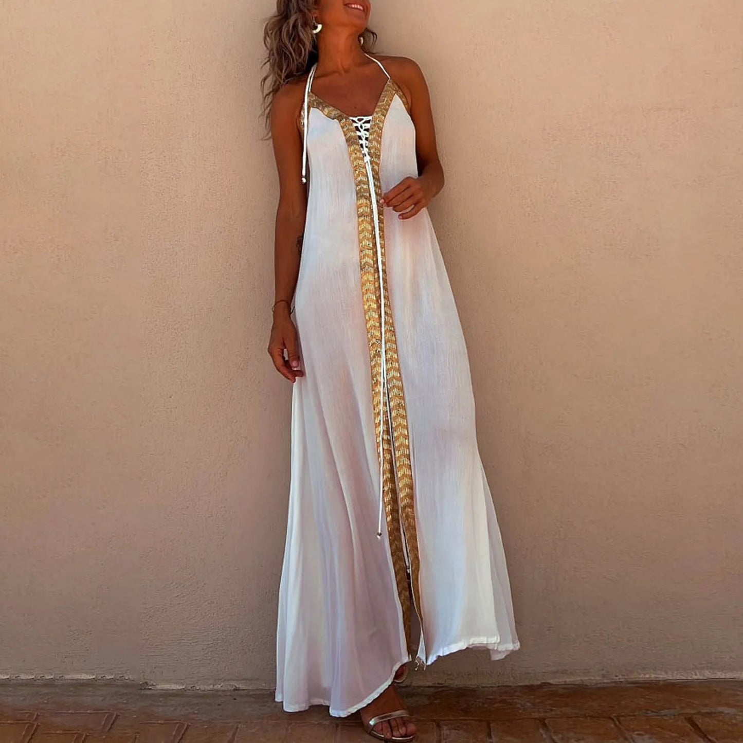 Summer Womens Boho Dresses Lace Up Halter Maxi Dress Vacation Beach Dresses Vestidos Bohemian Long Sundress платье женское