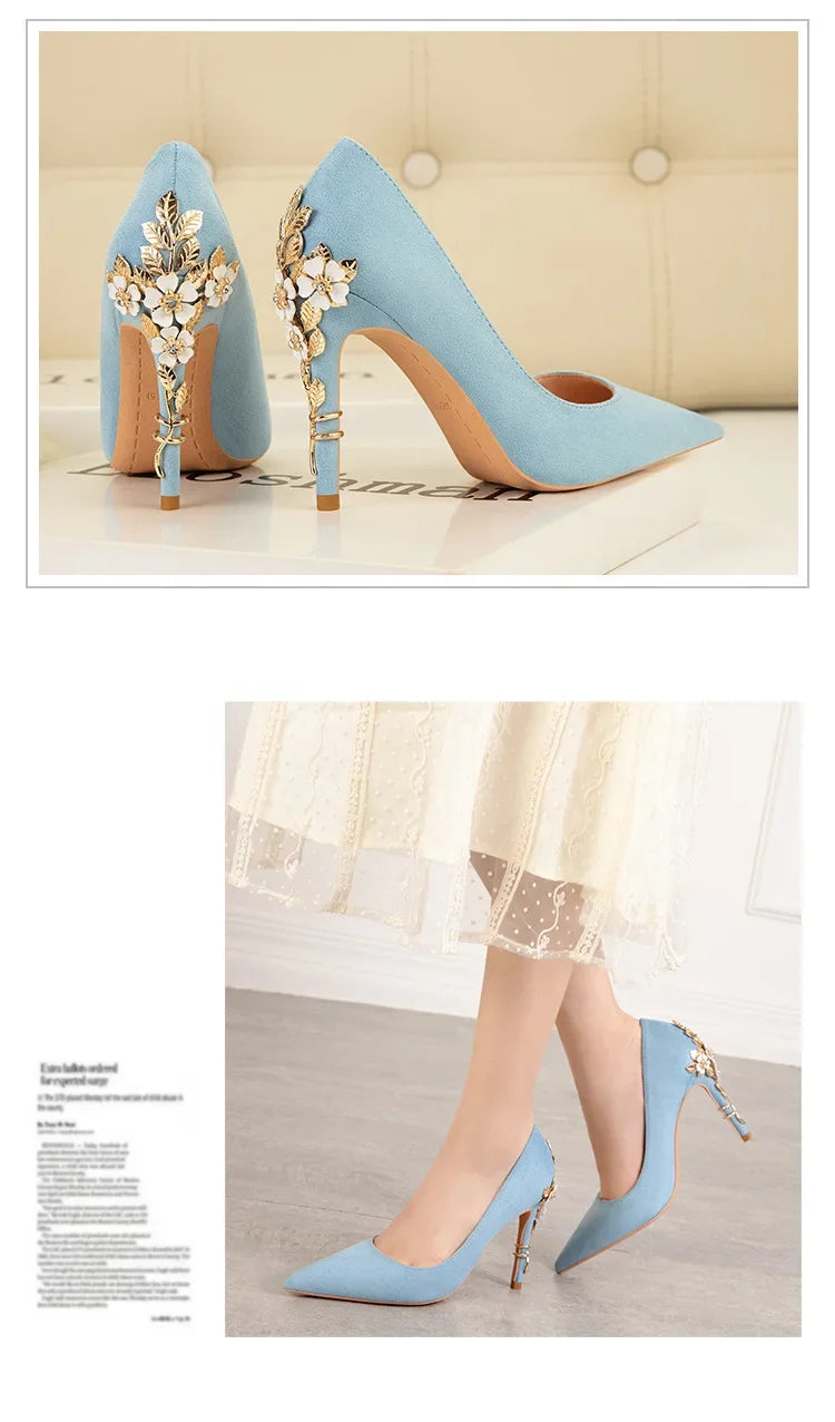 EtherealBe elegant blue flower embellished women's heels with stylish floral detailing on the back