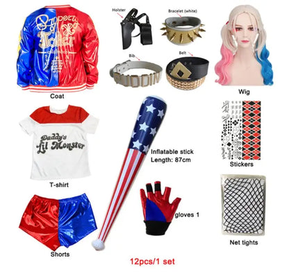 Harley Quinn kids cosplay costume set with a jacket, shirt, shorts, wig, and accessories for themed parties
