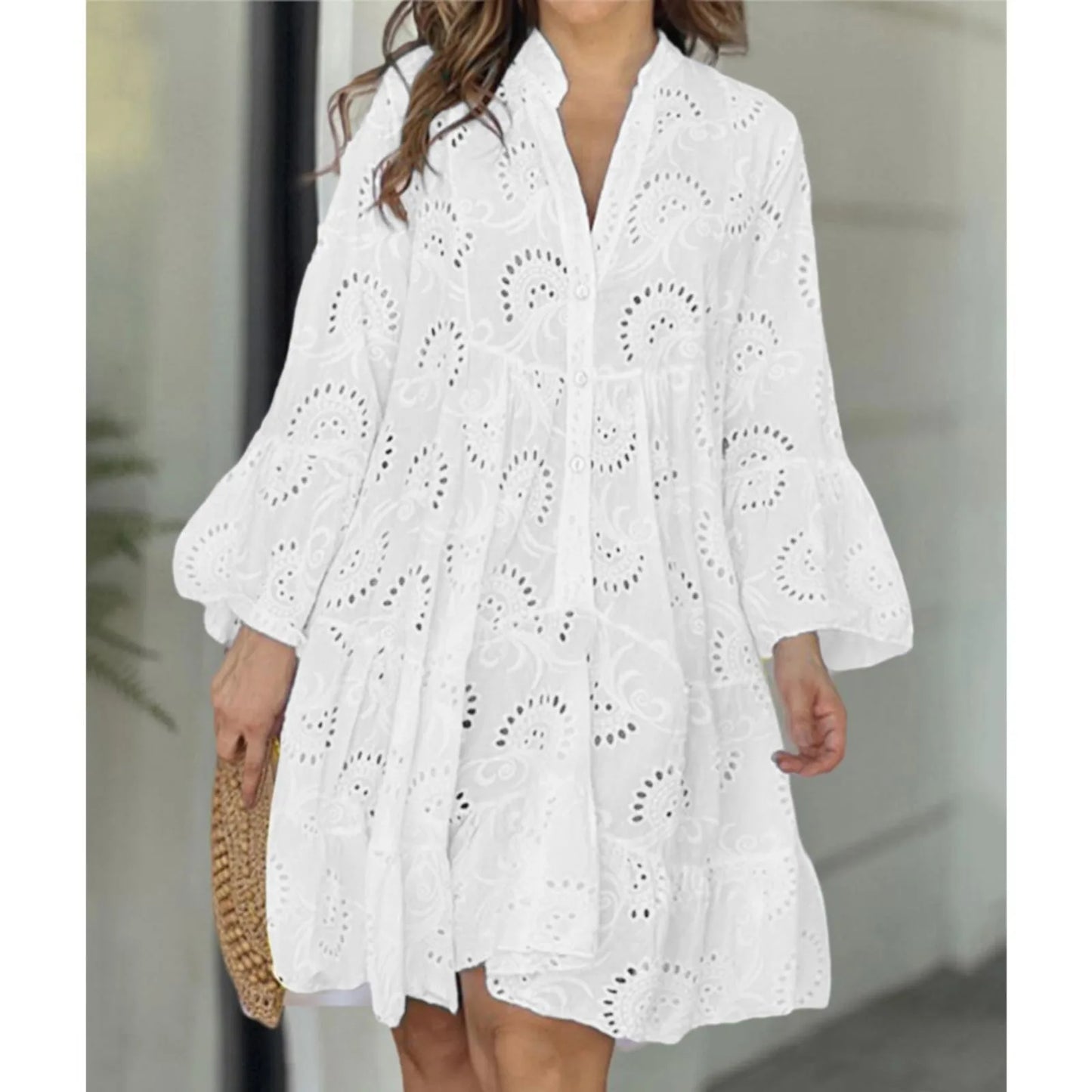 Plus Size S-5XL Hollow Out Dresses for Women Summer Elegant Solid Embroidered Lace Dress Loose Holiday Beach Mini Dress White