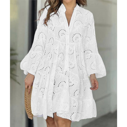 Plus Size S-5XL Hollow Out Dresses for Women Summer Elegant Solid Embroidered Lace Dress Loose Holiday Beach Mini Dress White