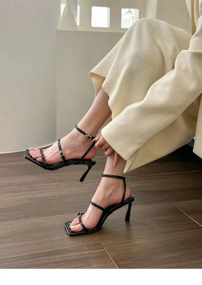 New Women's Shoes Fashion Buckle Design Square Toe Thin High Heel Sandals Shoes for Women Sandalias De Mujer 2023