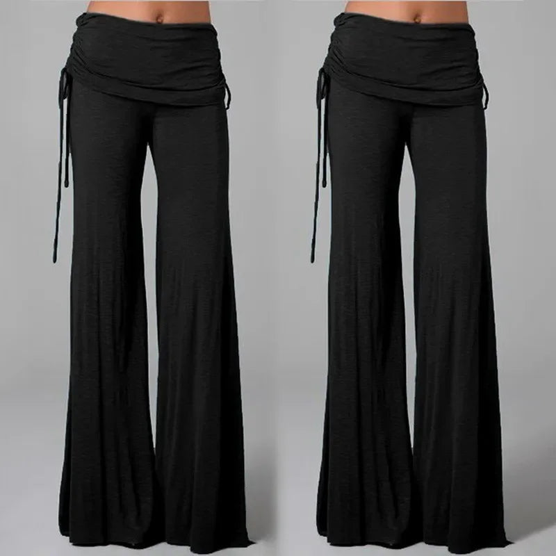 Black women's medieval cosplay pants with a flowing design and adjustable waist tie for a comfortable fit