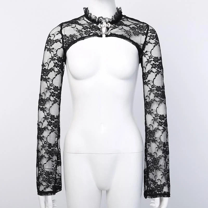 Vintage Dark Gothic Lace Mesh Long Flare Sleeve Overlay Turtleneck Covers Grunge Aesthetic Black Tops Streetwear for Women Egirl