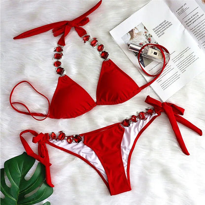 Red Rhinestones Sexy Bikinis 2026 Women Swimwear Female Swimsuit Swim Wear Bathing Suits Brazilian Bikini Set Beach Pool Bather
