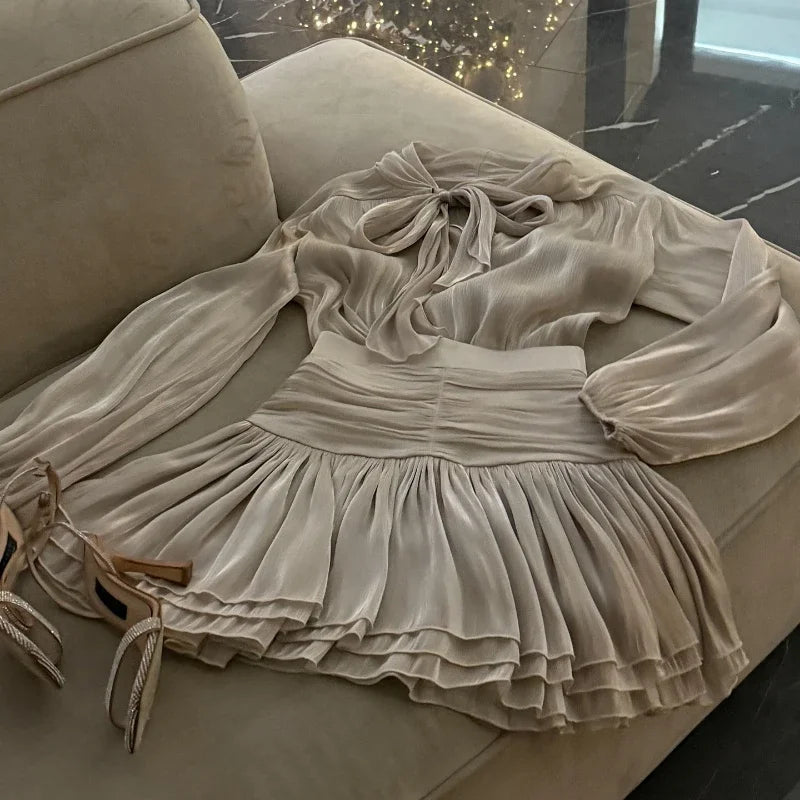 Elegant Bow Lace Up Top Skirts Set for Women O-neck Long Lantern Sleeve Blouses High Waist Pleated Skirt 2025 New Lady Outfits