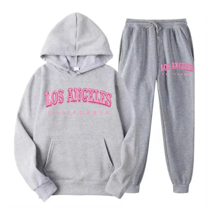 Two Piece Set Street Womens Hoodie & Pants Fleece Pocket Loose Pullover Los Angeles California Print Clothes Fashion Sportswear