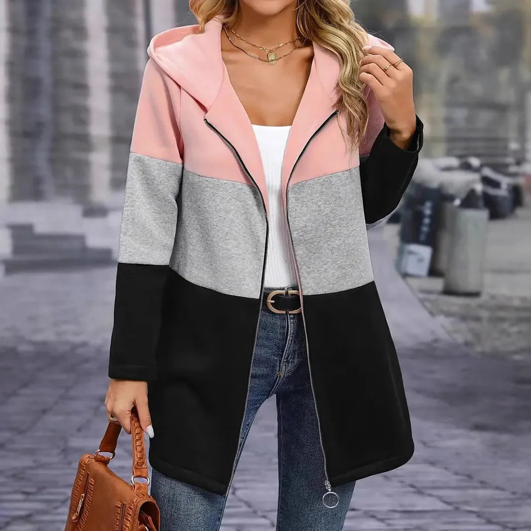 Autumn and Winter Women's Clothing Casual and Fashionable Contrasting Three-color Spliced Hooded Jacket Women's Clothing