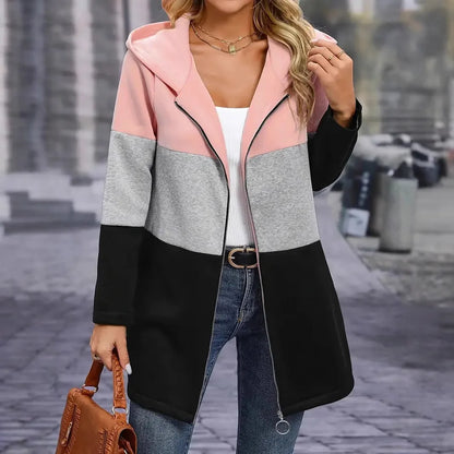 Autumn and Winter Women's Clothing Casual and Fashionable Contrasting Three-color Spliced Hooded Jacket Women's Clothing
