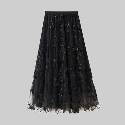 Korean Style Women's Floral Embroidered Mesh Skirt Harajuku High Waist A Line Midi Skirts Elegant Tulle Skirt Faldas Mujer