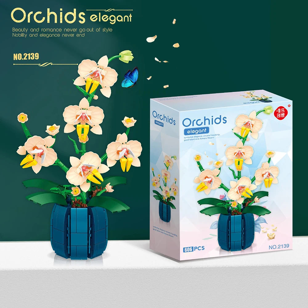 Building Blocks Set Orchid Flowers Bouquet Flower Blocks Bonsai Plant Model Bricks DIY Home Decoration Toys Kids Chirstmas Gifts