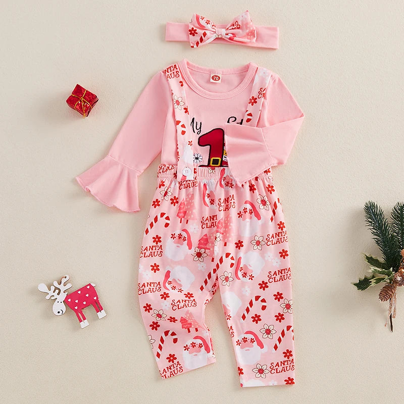 0-18 Months Baby Girls Christmas Outfits Long Sleeve Romper with Suspender Pants Headband Set Newborn Fall Clothes