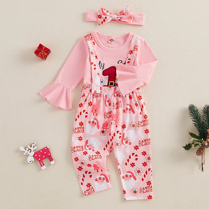 0-18 Months Baby Girls Christmas Outfits Long Sleeve Romper with Suspender Pants Headband Set Newborn Fall Clothes