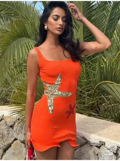 Prined Casual Women Star Mini Dress Fashion Sling Sleeveless Backless Pleat High Waist Robe 2025 New Female Beach Vacation Wear