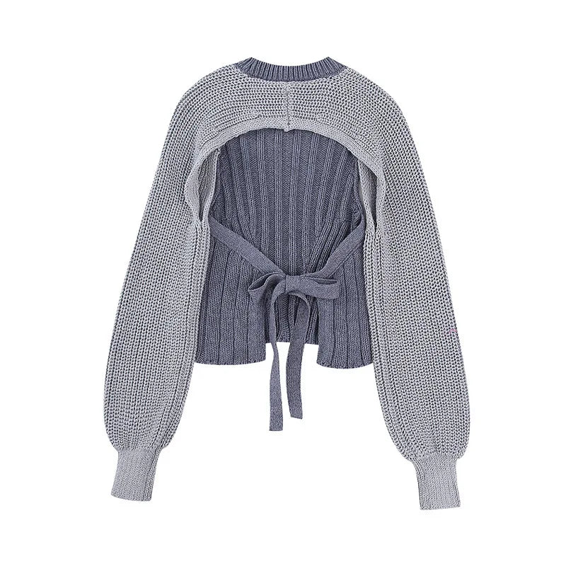 Fashionable Backless Knot Design Knitted Top Women's Autumn Wear Versatile Street Style round Neck Long Sleeve Polyester