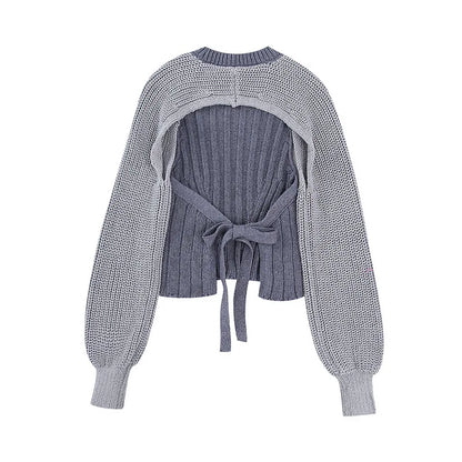 Fashionable Backless Knot Design Knitted Top Women's Autumn Wear Versatile Street Style round Neck Long Sleeve Polyester