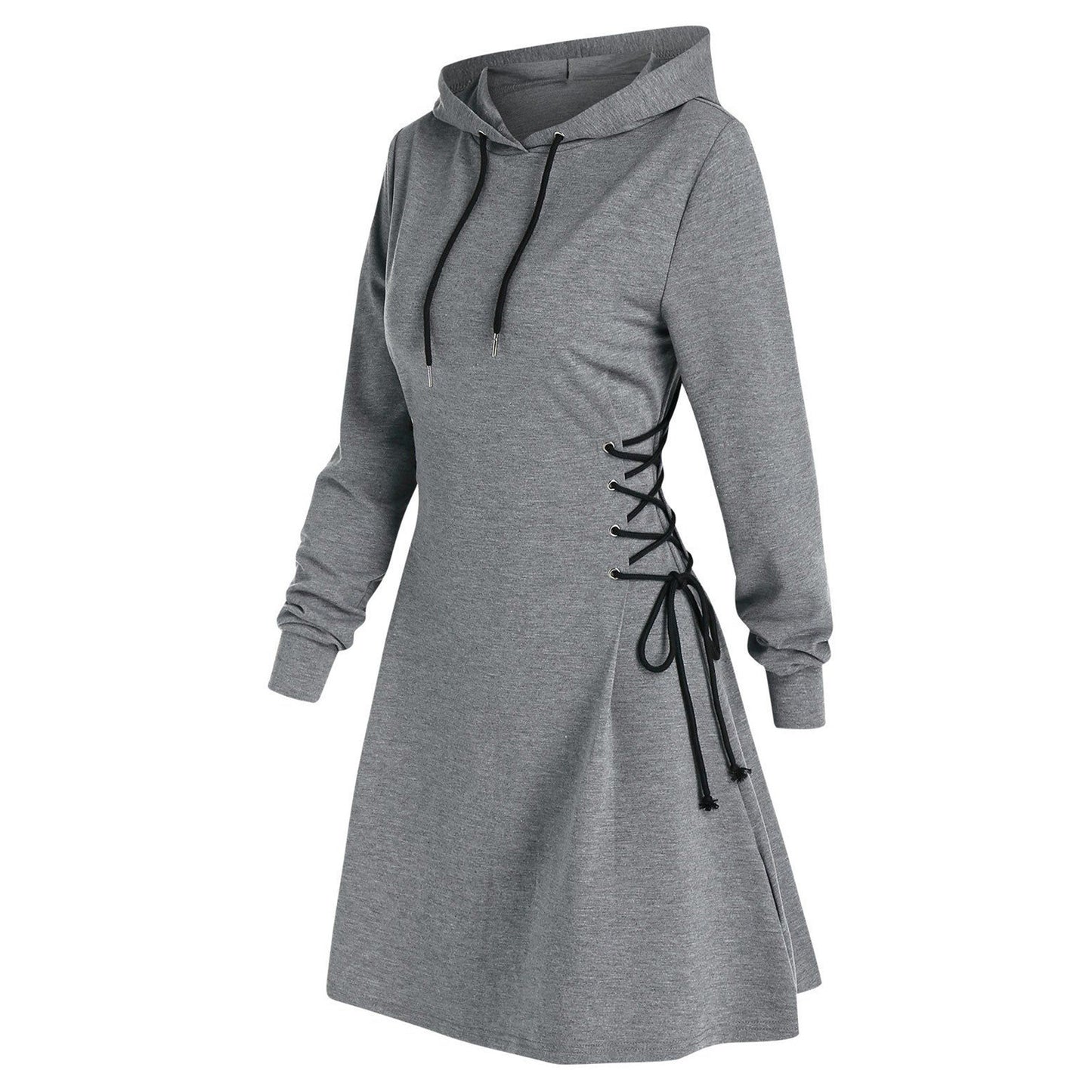 Autumn Long Sleeve Women Lace Up Sweatshirt Dress Fashion Solid Hooded Dresses Vestido Casual Drawstring Dress Streetwear платье