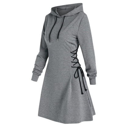 Autumn Long Sleeve Women Lace Up Sweatshirt Dress Fashion Solid Hooded Dresses Vestido Casual Drawstring Dress Streetwear платье
