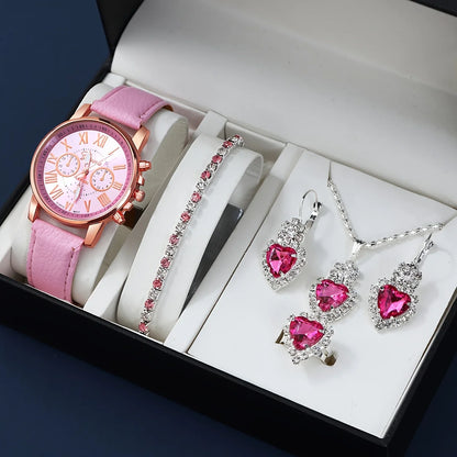 Fashion quartz watch and jewelry set, shock resistant circular analog digital display, PU leather strap, zinc alloy case