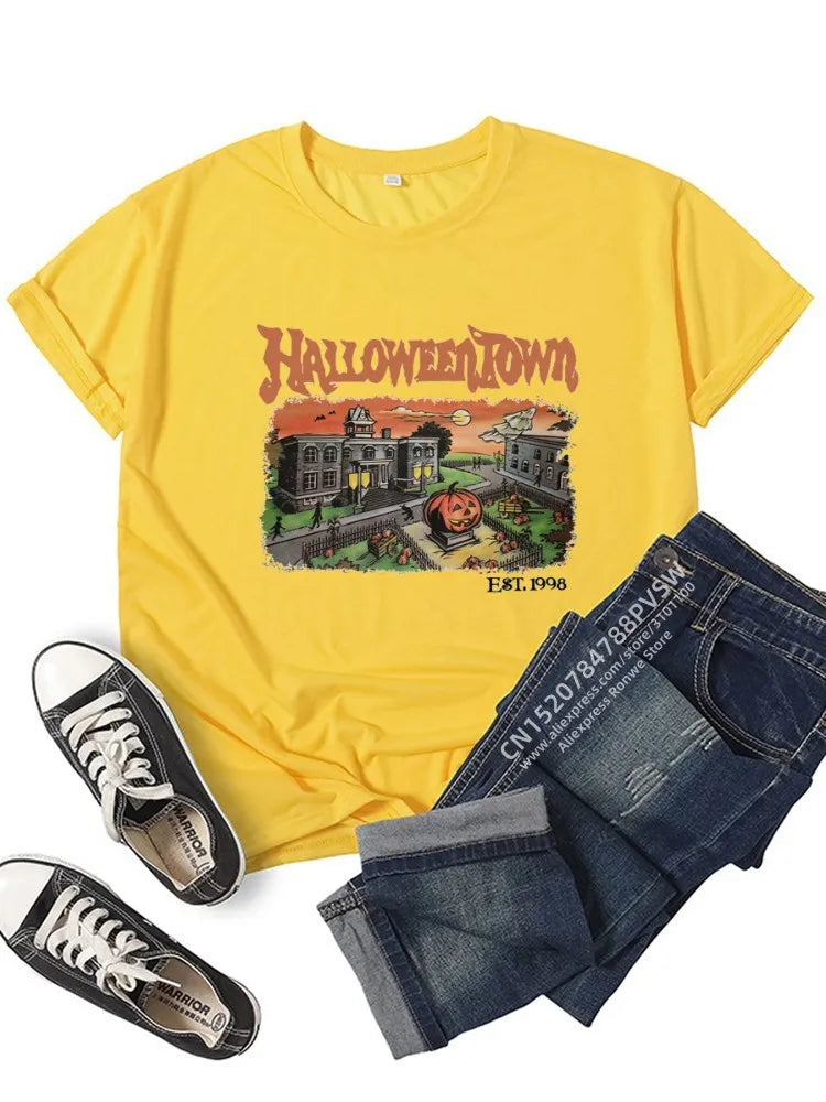 EtherealBe Halloween graphic t-shirt for women in yellow featuring a vintage Halloween Town design