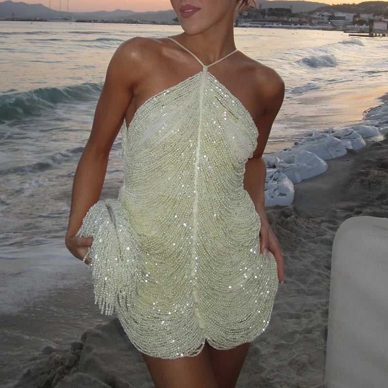 Fashion Bead Sleeveless Slim Mini Dress Ladies Sexy Halter Hollow Out Club Party Dress Casual Multi Color Sleeveless Short Dress